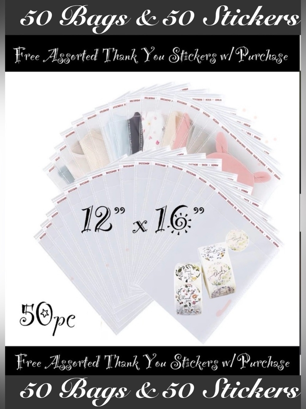 12 x 16” Large Resealable Cellophane Bags 50ct W/50-Free Thank You Stickers 🌿🆕🌿